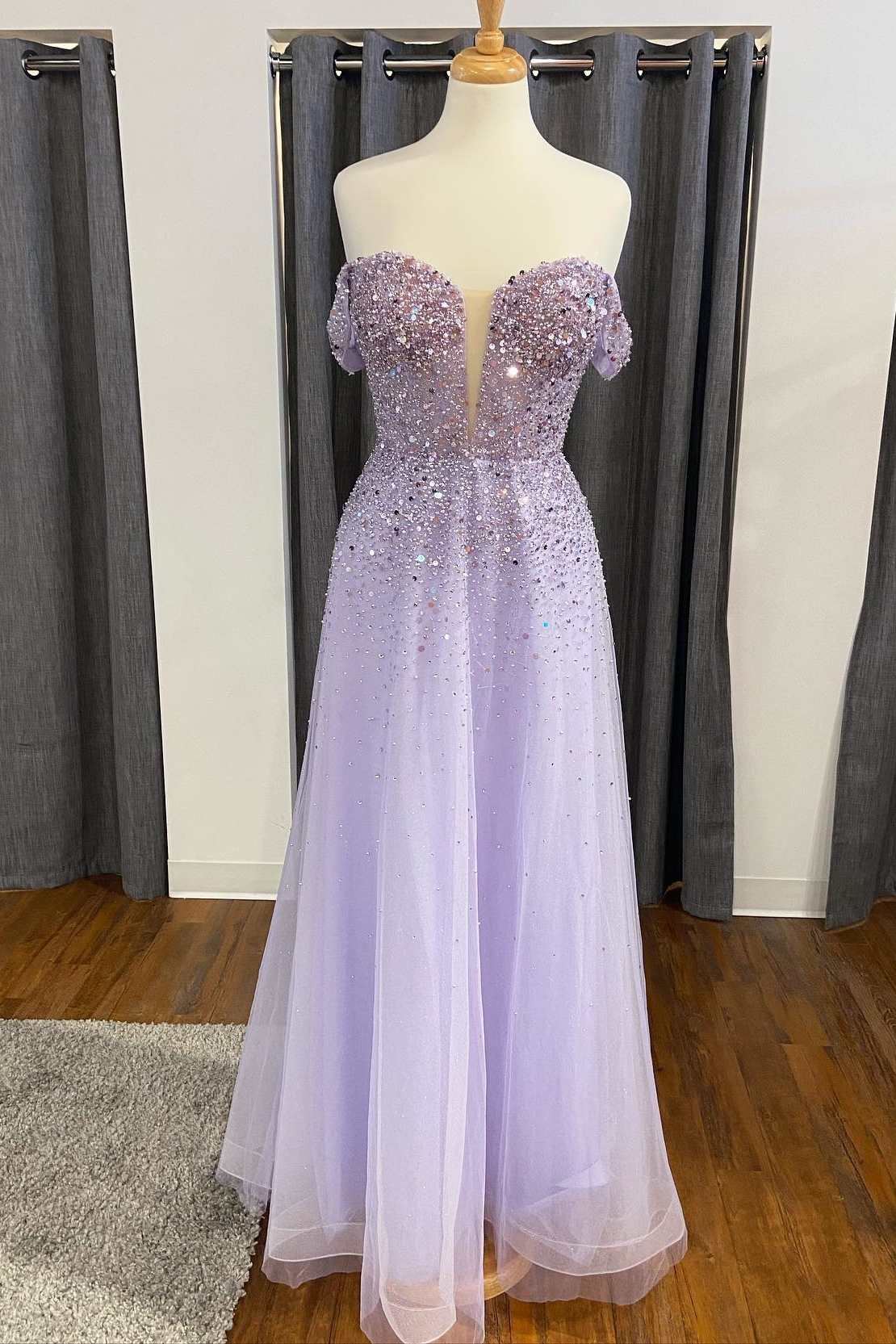 Shiny Lavender Sequin Off-the-Shoulder A-Line Prom Gown