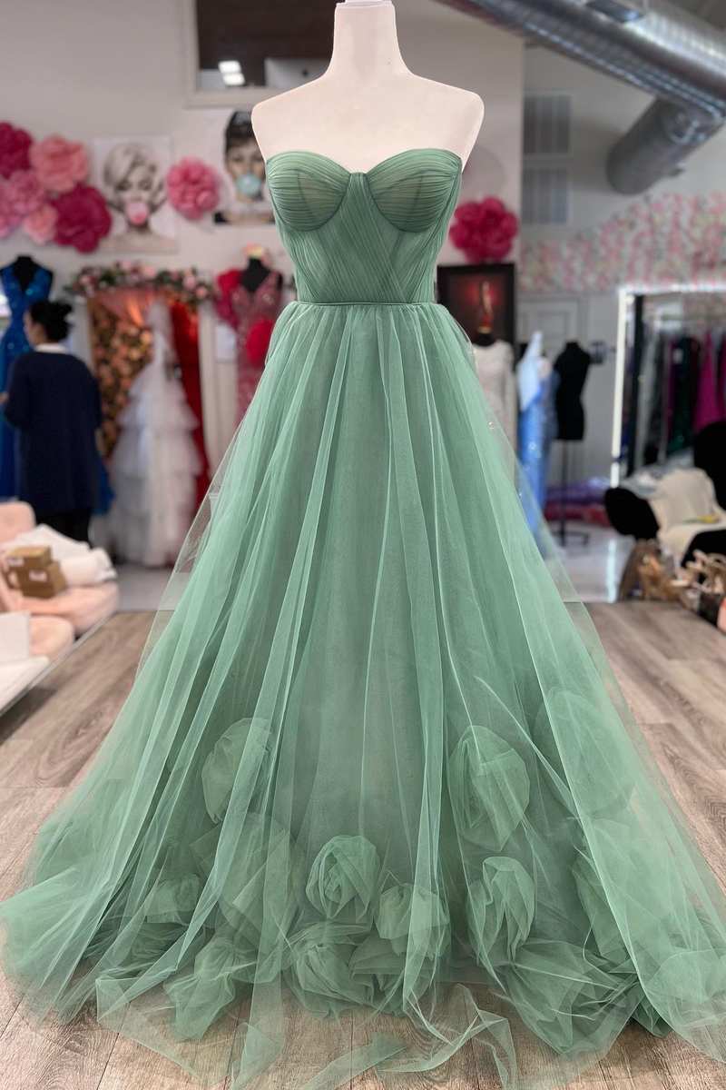 Flower Tulle Green Strapless Prom Dress
