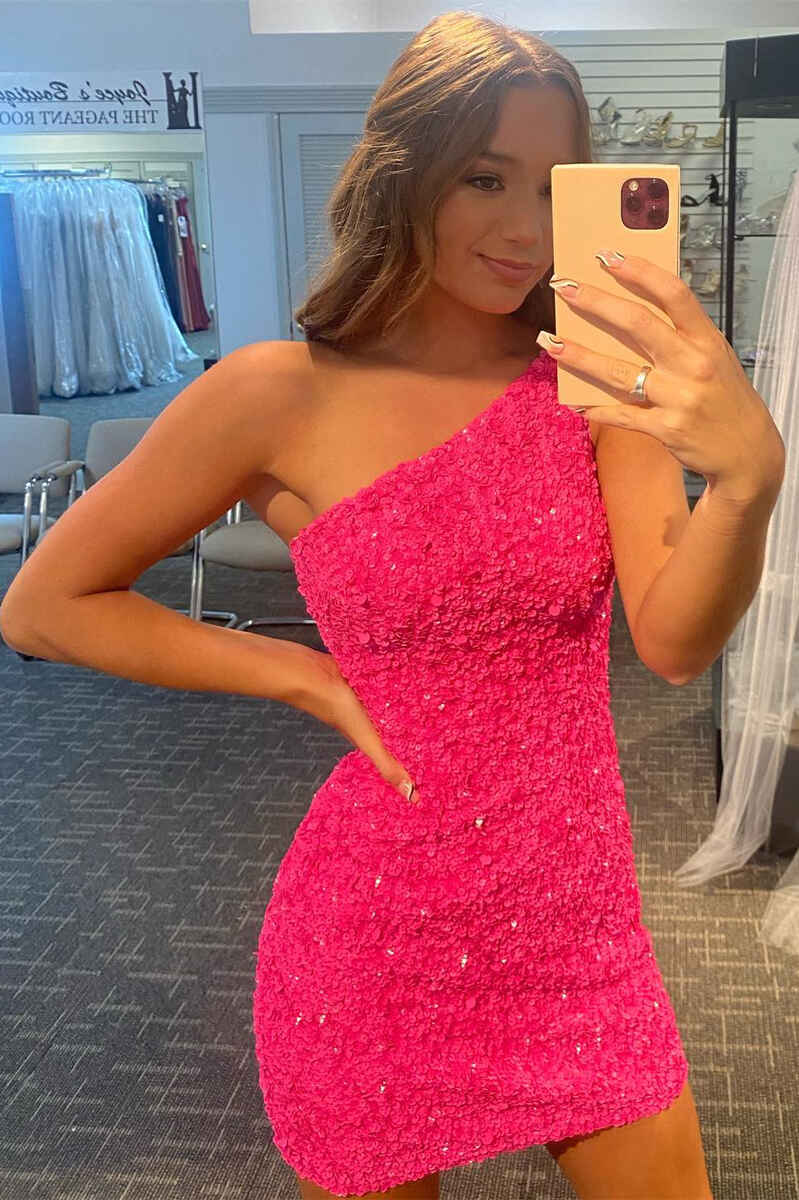 Hot Pink Sequin One-Shoulder Mini Homecoming Dress
