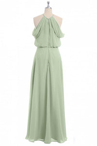 Sage Green Chiffon Halter Blouson-Style Long Bridesmaid Dress