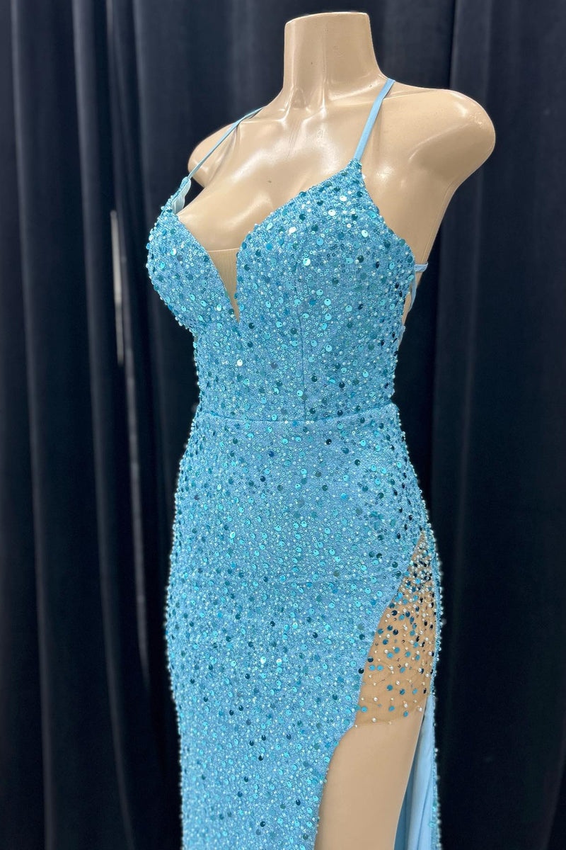 Blue Mermaid Sequins V Neck Lace-Up Back Long Prom Dress with Slit