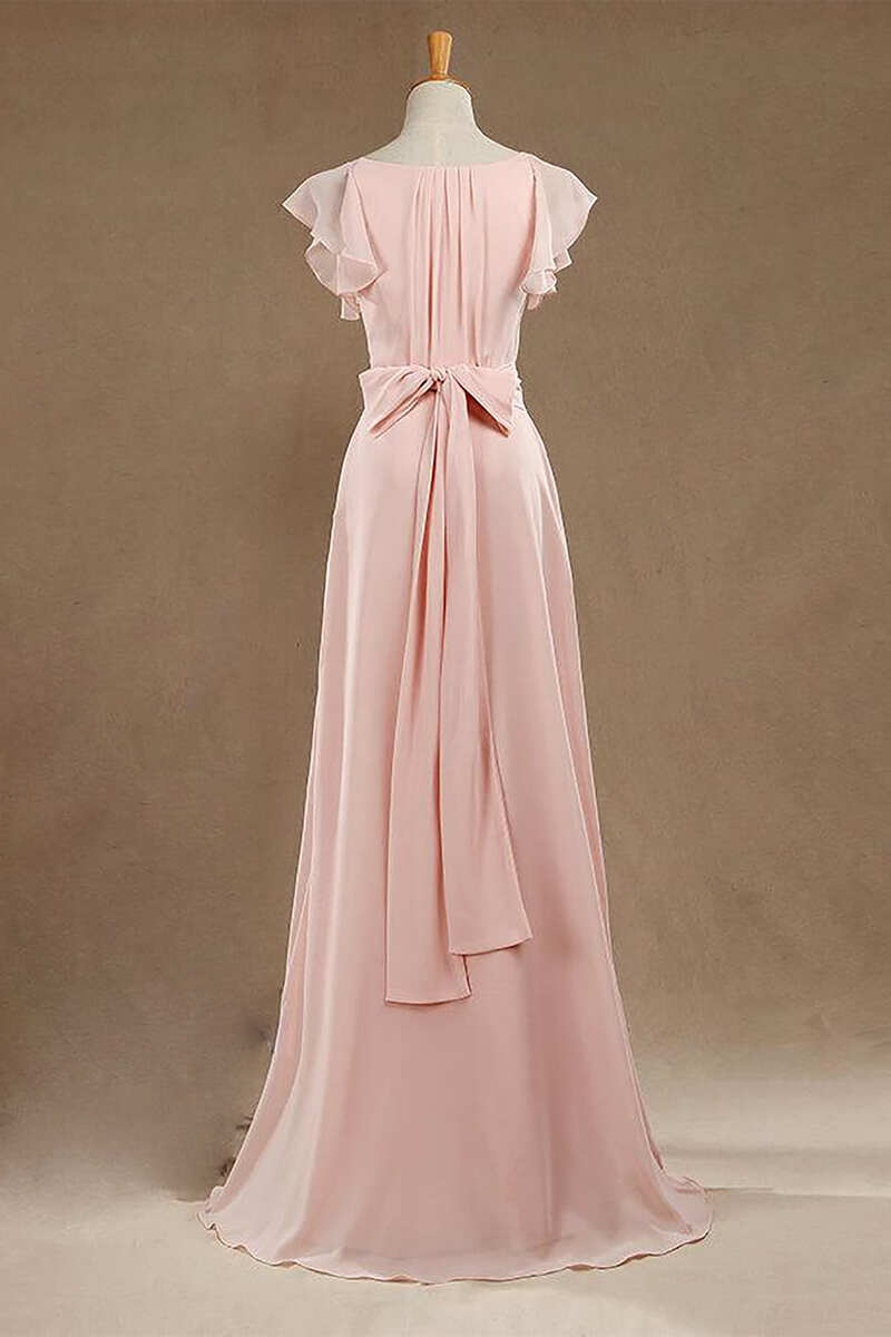Blush Pink V-Neck Ruffled Long Bridesmaid Dress