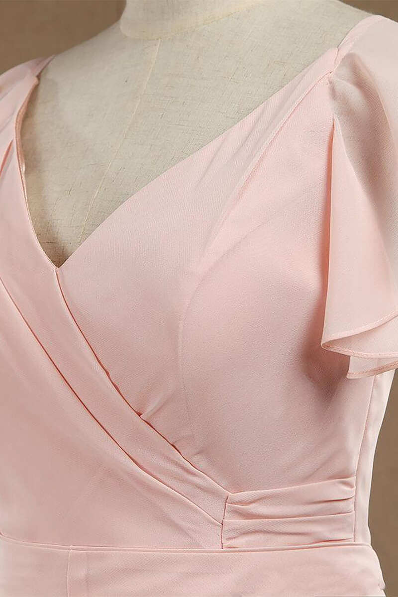 Blush Pink V Neck Ruffled Long Bridesmaid Dress Dreamdressy