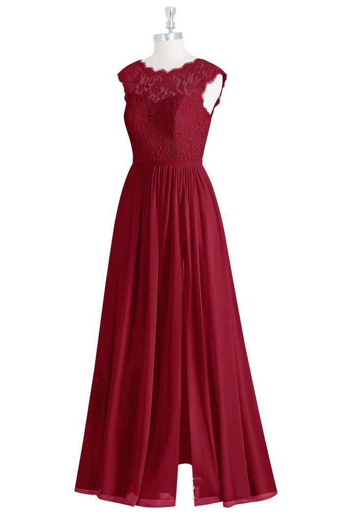 Red Lace Cap Sleeve A-Line Long Bridesmaid Dress