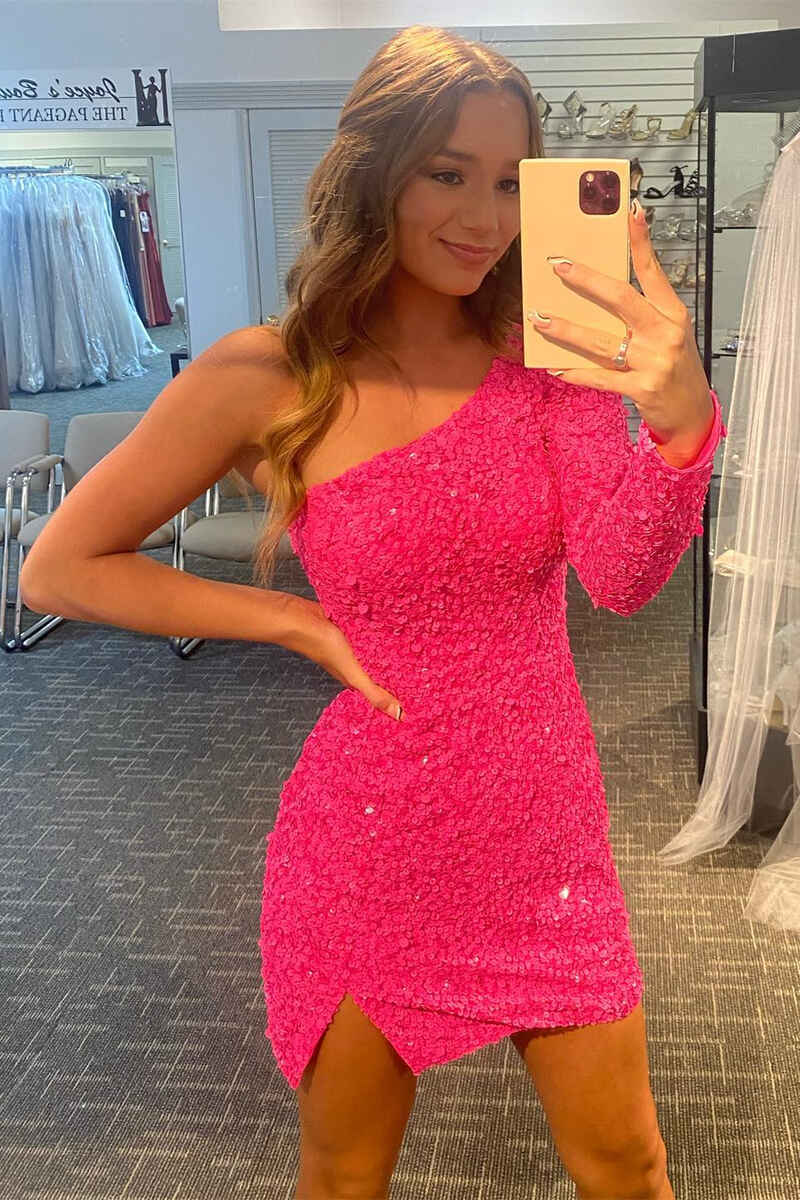 Glitter Sequin One Sleeve Bodycon Homecoming Dress with Slit