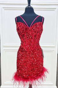 Feathers Red Sequin Straps Bodycon Short Homecoming Dress