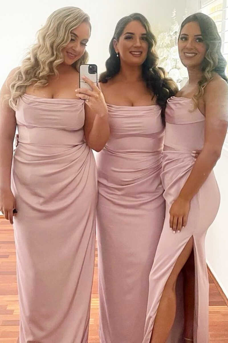 Pink Cowl Neck Long Bridesmaid Dress with Slit