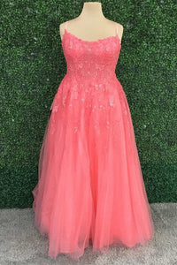 Hot Pink Floral Lace Backless A-Line Prom Dress
