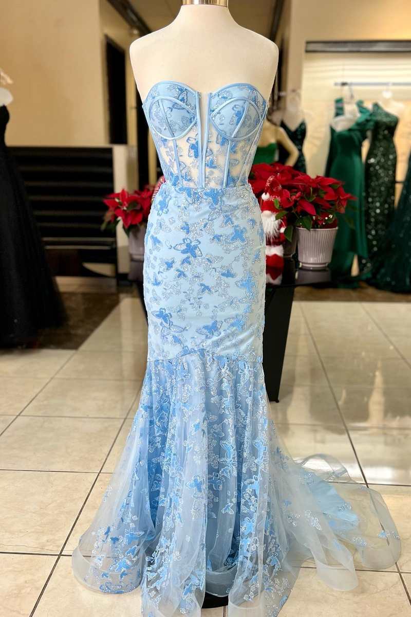 Light Blue Lace Sweetheart Trumpet Long Prom Dress