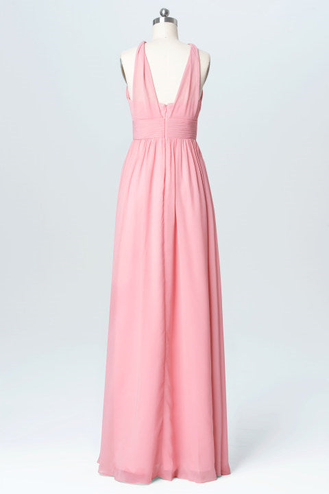 Pink Chiffon Halter Backless A-Line Long Bridesmaid Dress