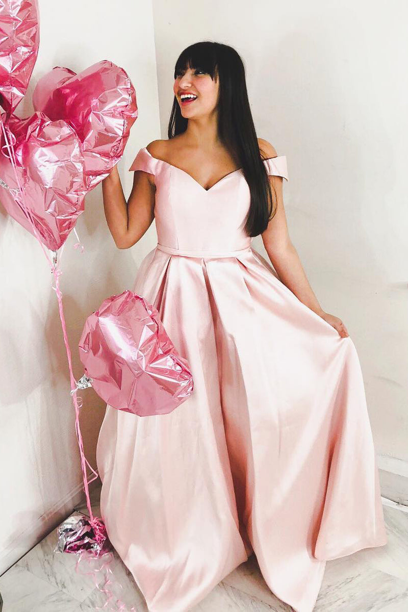 Simple Off the Shoulder Pink Long Prom Dress