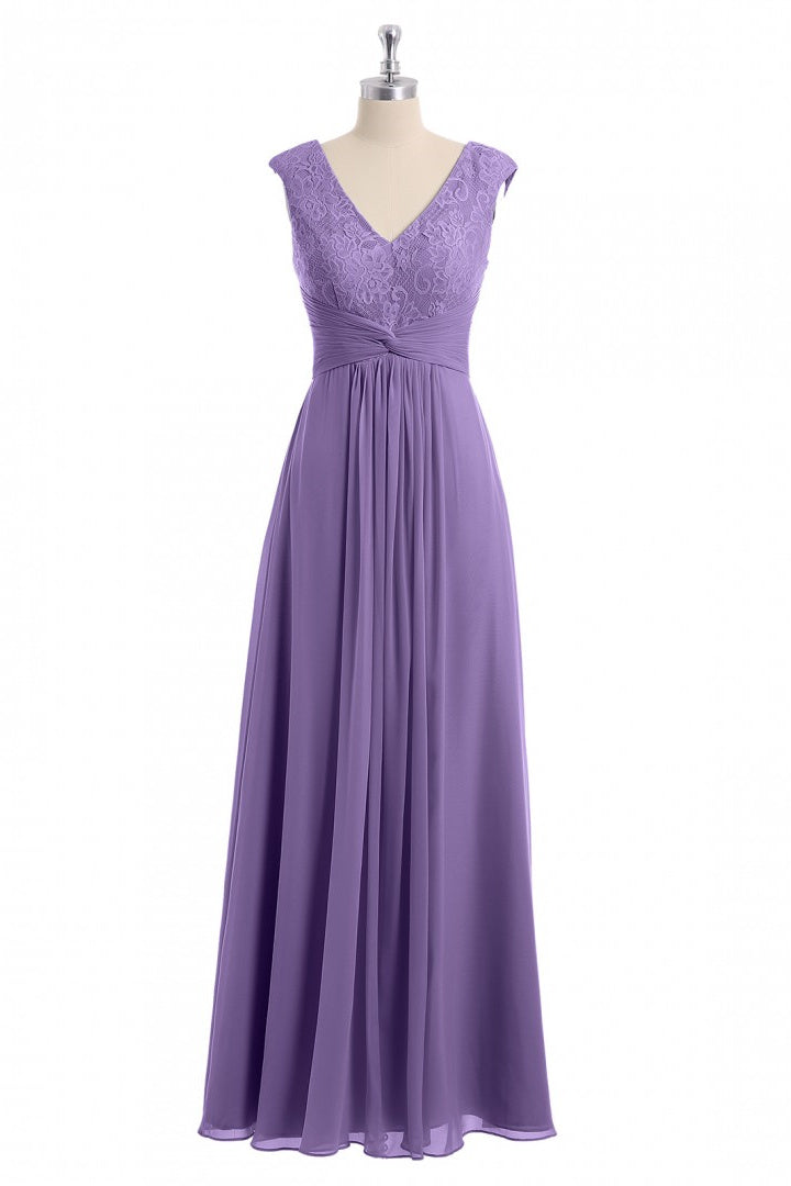 Lavender V-Neck Twist-Front A-Line Long Bridesmaid Dress