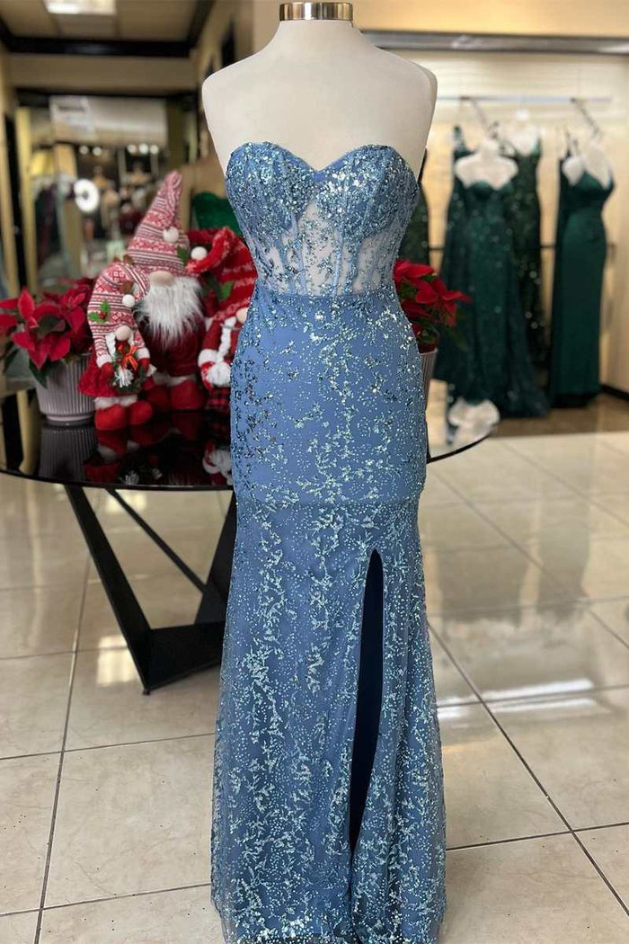 Glitter Lace Sweetheart Mermaid Long Prom Dress with Slit