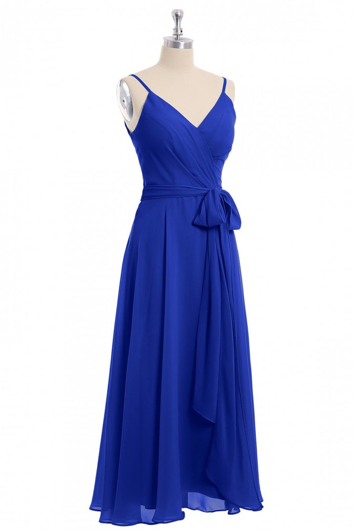Royal Blue V-Neck Spaghetti Straps Tea-Length Bridesmaid Dress