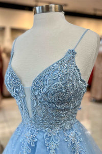 Light Blue Tulle Lace Plunge Neck A-Line Prom Dress