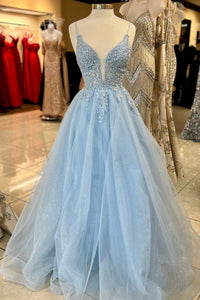 Light Blue Tulle Lace Plunge Neck A-Line Prom Dress