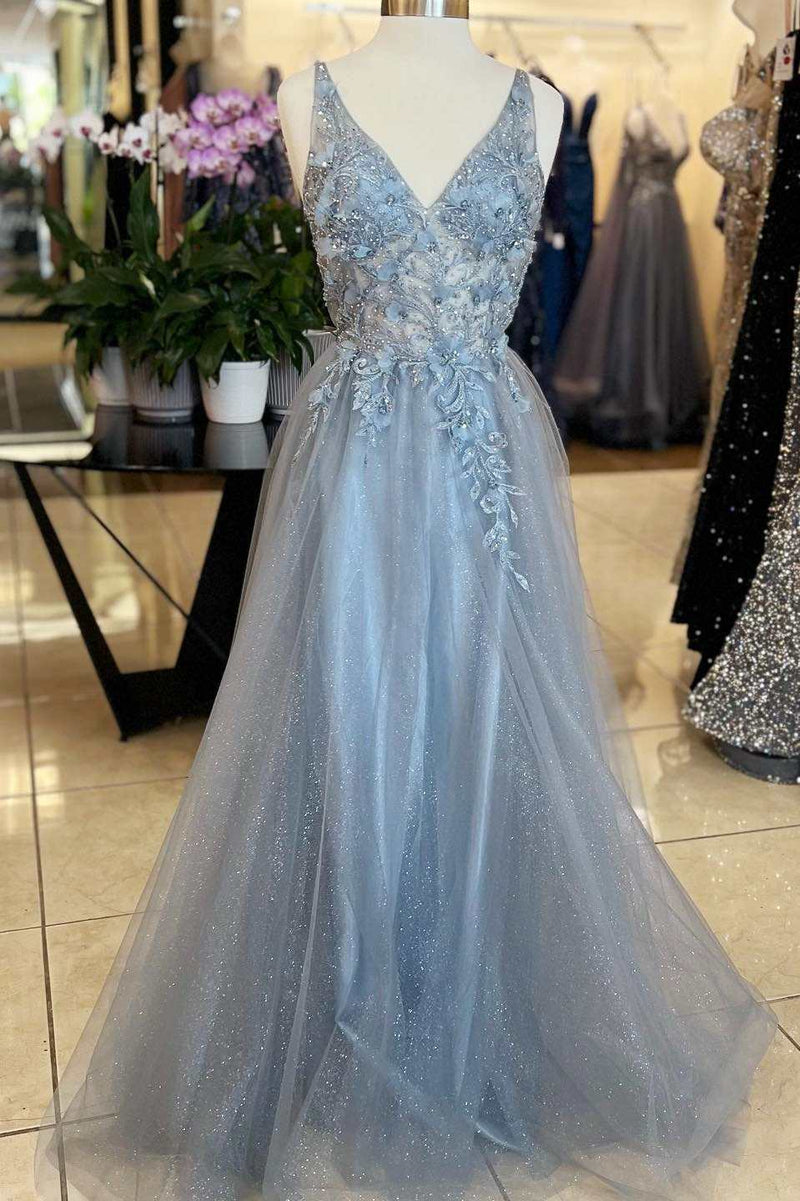 Fairy-Tale 3D Floral Lace V-Neck A-Line Prom Dress