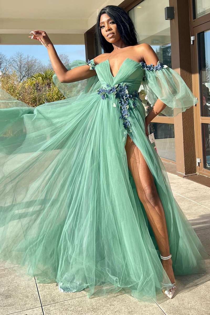 Green Tulle 3D Floral Lace Off-the-Shoulder A-Line Long Prom Dress