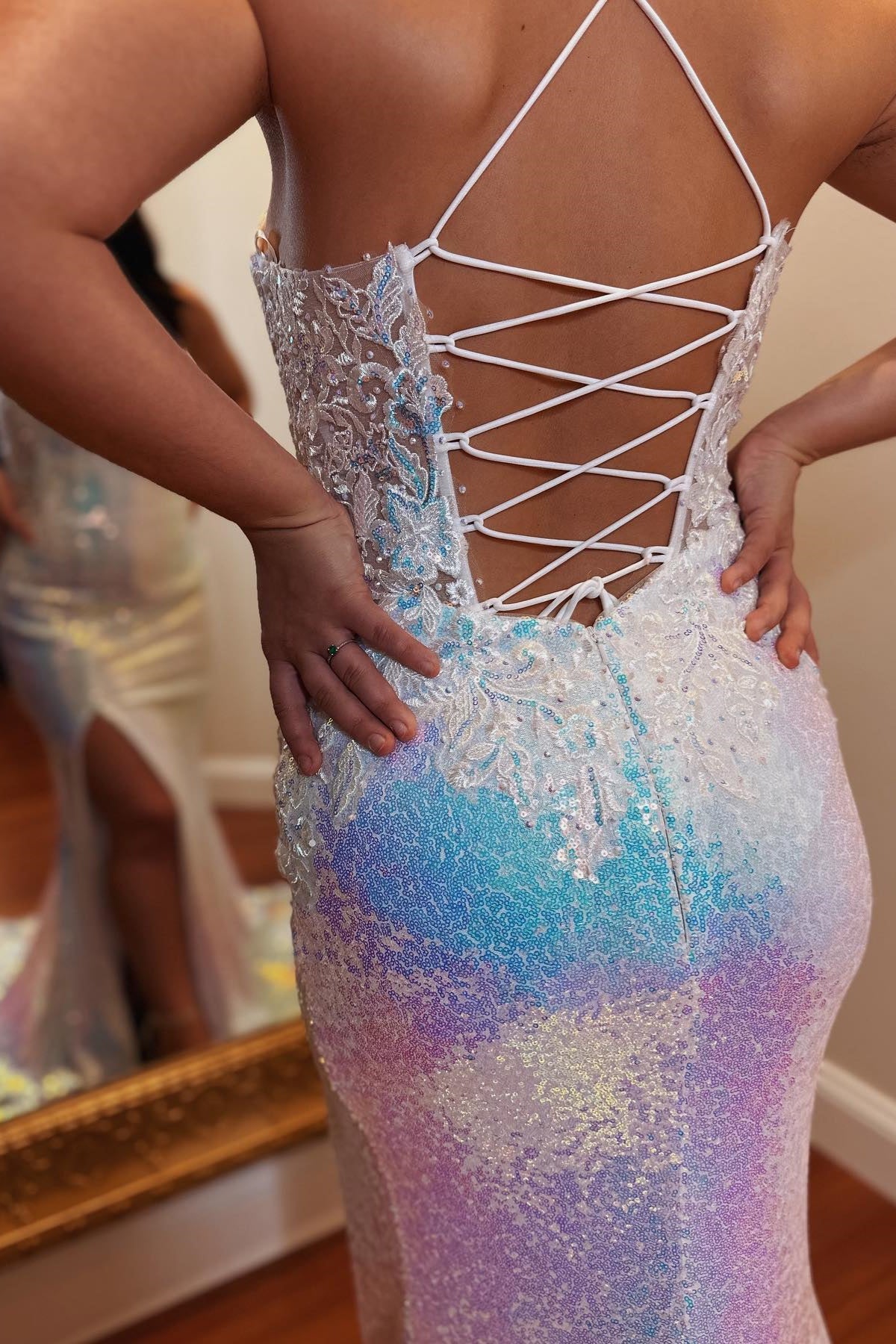 White Mermaid Iridescent Sequin Lace-Up Long Prom Dress with Slit
