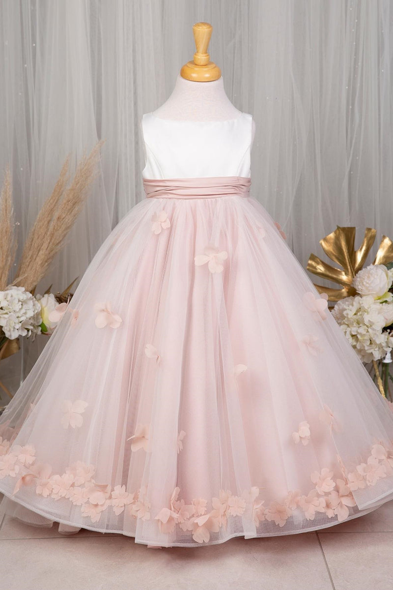 Pink Sleeveless 3D Floral Appliques Long Flower Girl Dress with Sash