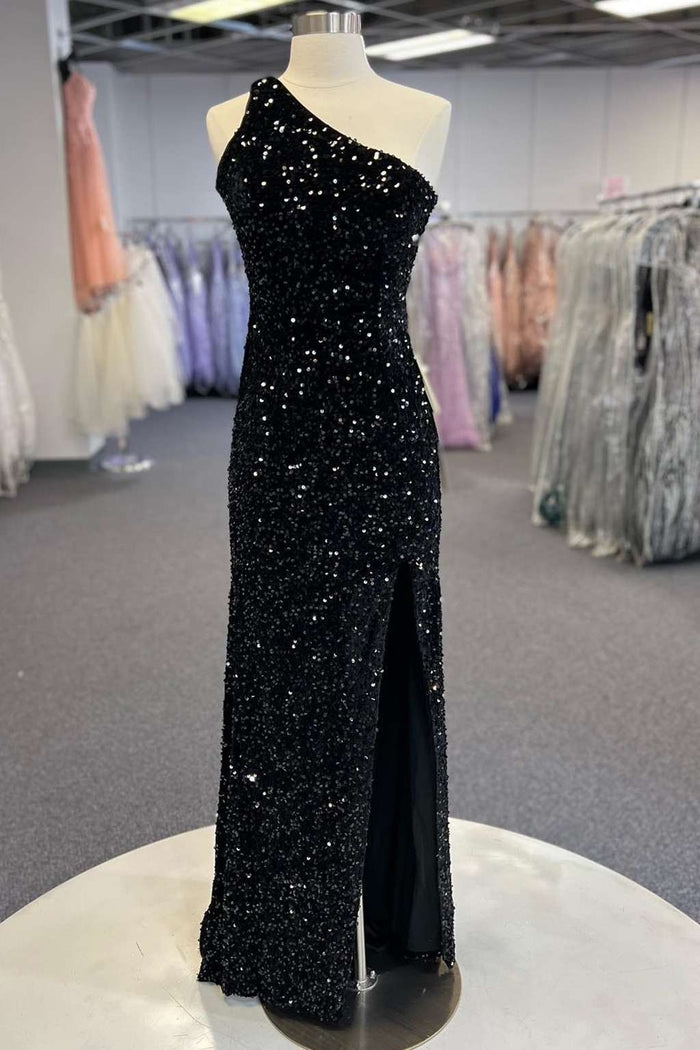 Black Sequin One-Shoulder Cutout Long Prom Dress