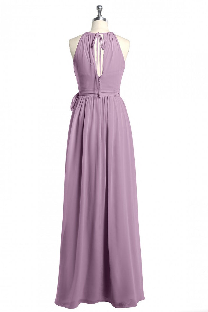 Dusty Purple Halter Keyhole Back Long Bridesmaid Dress