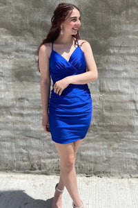 Royal Blue Surplice Ruched Short Homecoming Dress