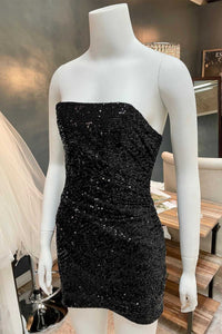 Black Sequin Strapless Bodycon Short Party Dress