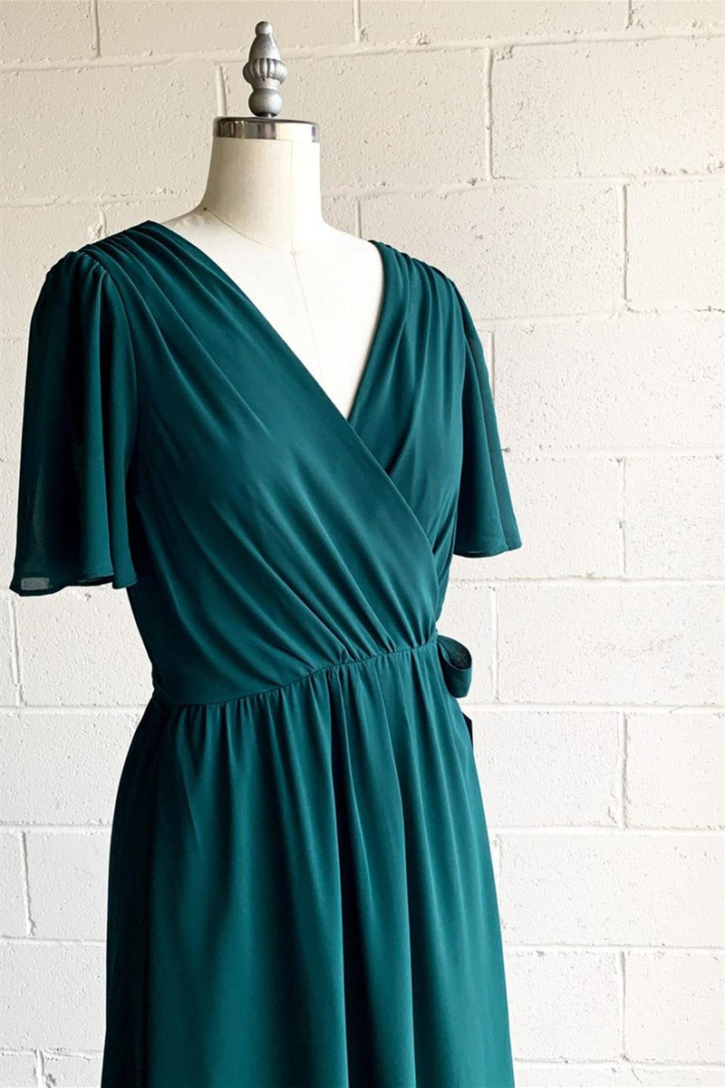 Hunter Green Faux-Wrap V Neck Pleated Chiffon Hi-Low Bridesmaid Dress with Sleeves