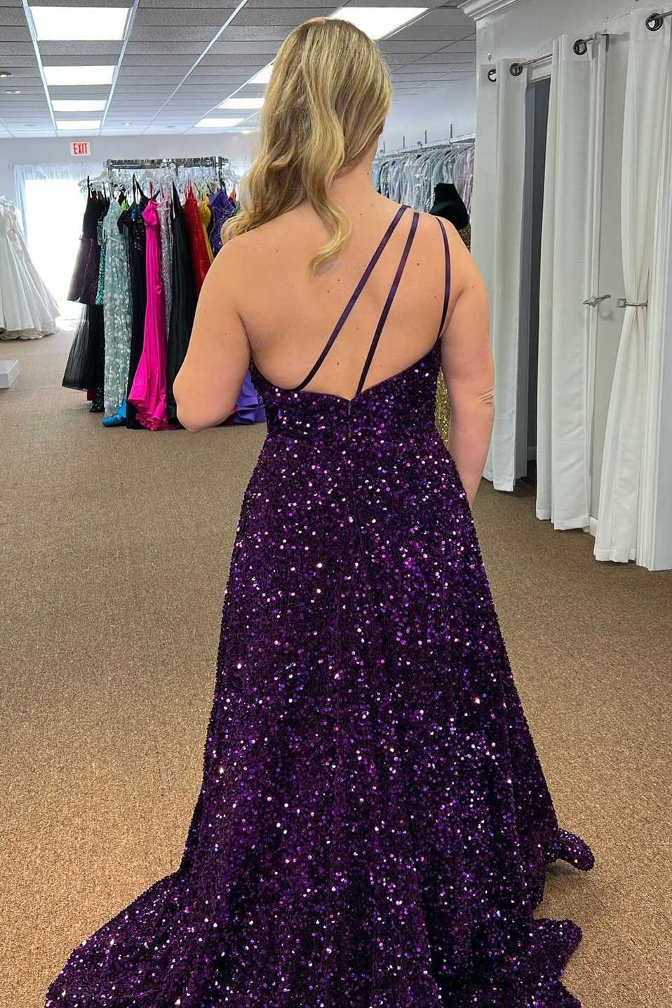 Purple Sequin One-Shoulder Backless A-Line Long Prom Dress – Dreamdressy