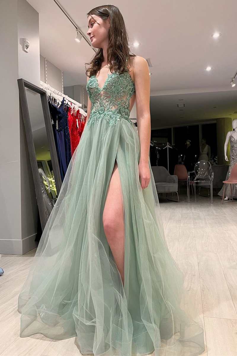 Sage Green Tulle Floral Lace Backless A-Line Prom Dress with Slit