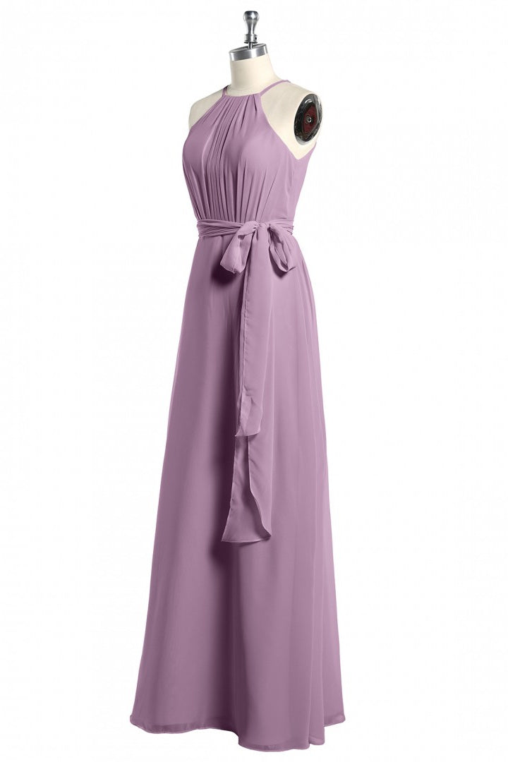 Dusty Purple Halter Keyhole Back Long Bridesmaid Dress