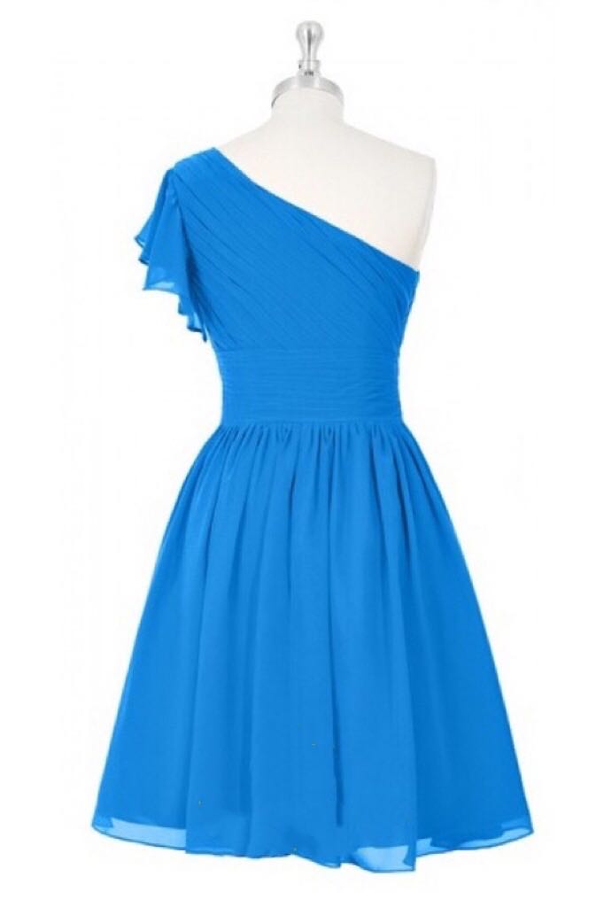 Blue One-Shoulder Ruffled Sleeve Short Bridesmaid Dress