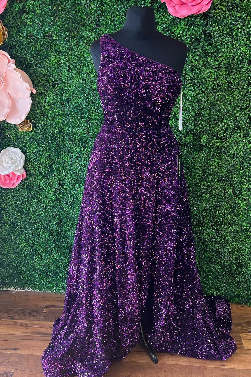 Purple Sequin One-Shoulder Backless A-Line Long Prom Dress