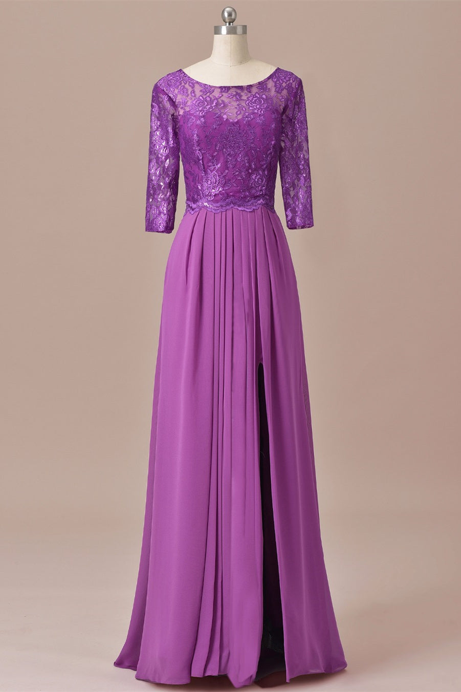 Purple Lace Round Neck Keyhole Back Long Mother of the Bride Dress