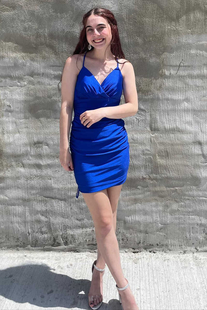 Royal Blue Surplice Ruched Short Homecoming Dress