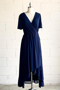 Dark Blue Faux-Wrap V Neck Pleated Chiffon Hi-Low Bridesmaid Dress with Sleeves
