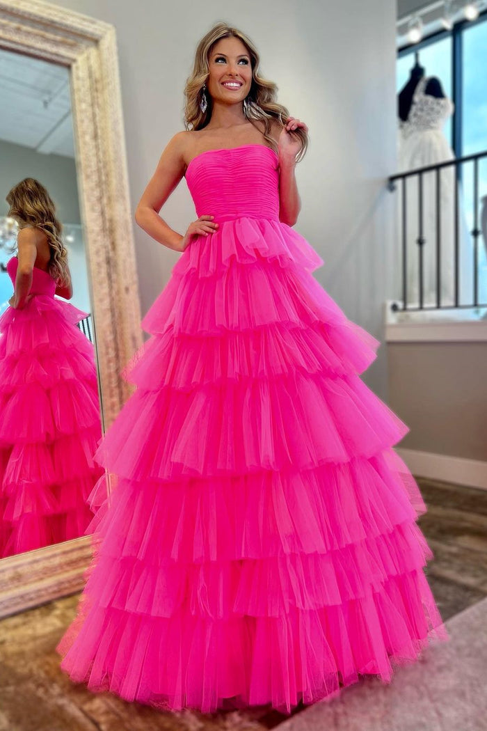 Hot Pink Floral Lace Strapless Ball Gown with Puff Sleeves