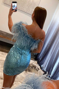 One-Shoulder Light Blue Sequins Feather Mini Homecoming Dress