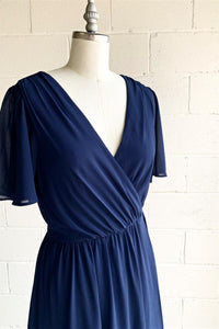 Dark Blue Faux-Wrap V Neck Pleated Chiffon Hi-Low Bridesmaid Dress with Sleeves