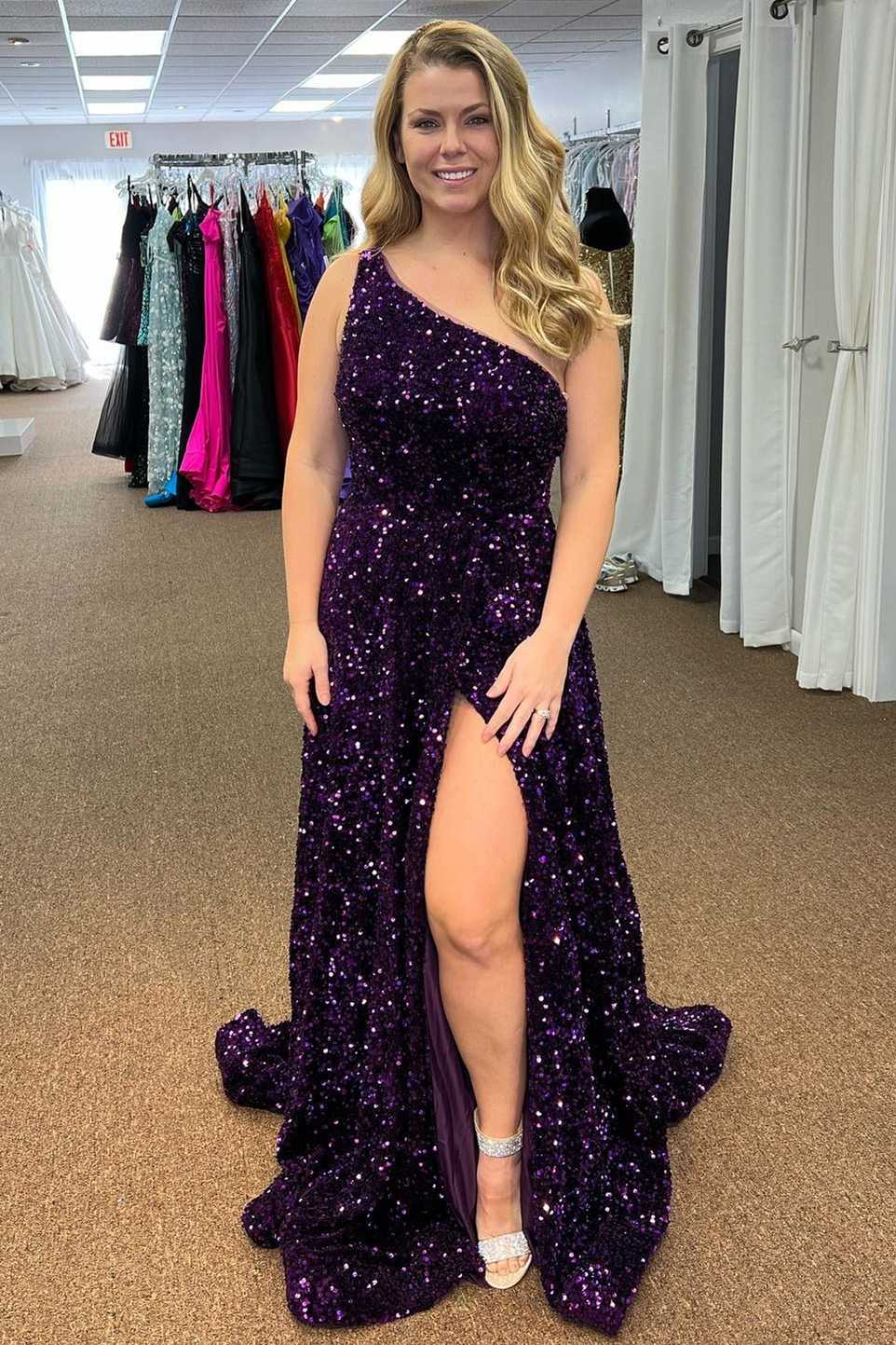 Purple Sequin One-Shoulder Backless A-Line Long Prom Dress