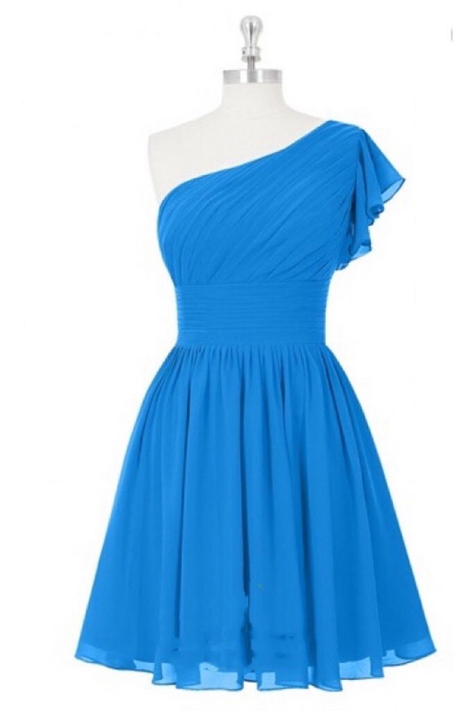 Blue One-Shoulder Ruffled Sleeve Short Bridesmaid Dress