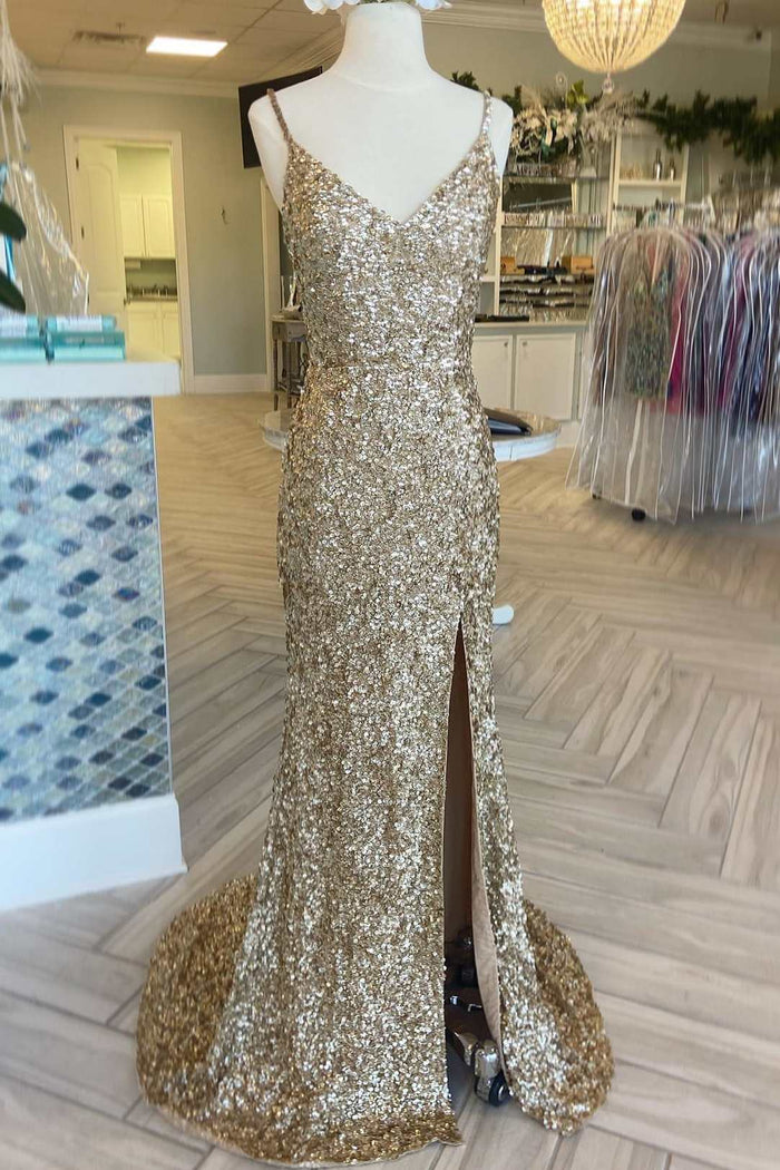 Gold Sequin V-Neck Mermaid Long Prom Gown with Slit