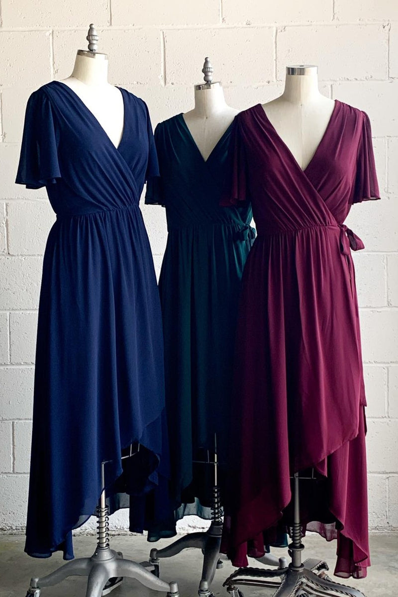 Dark Blue & Hunter Green & Mulberry Faux-Wrap V Neck Pleated Chiffon Hi-Low Bridesmaid Dress with Sleeves
