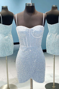 Light Blue Sequin Straps Bodycon Short Homecoming Dress