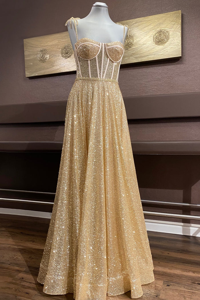 Gold A-line Bow Tie Beaded Straps Sequins Boning Long Prom Dress