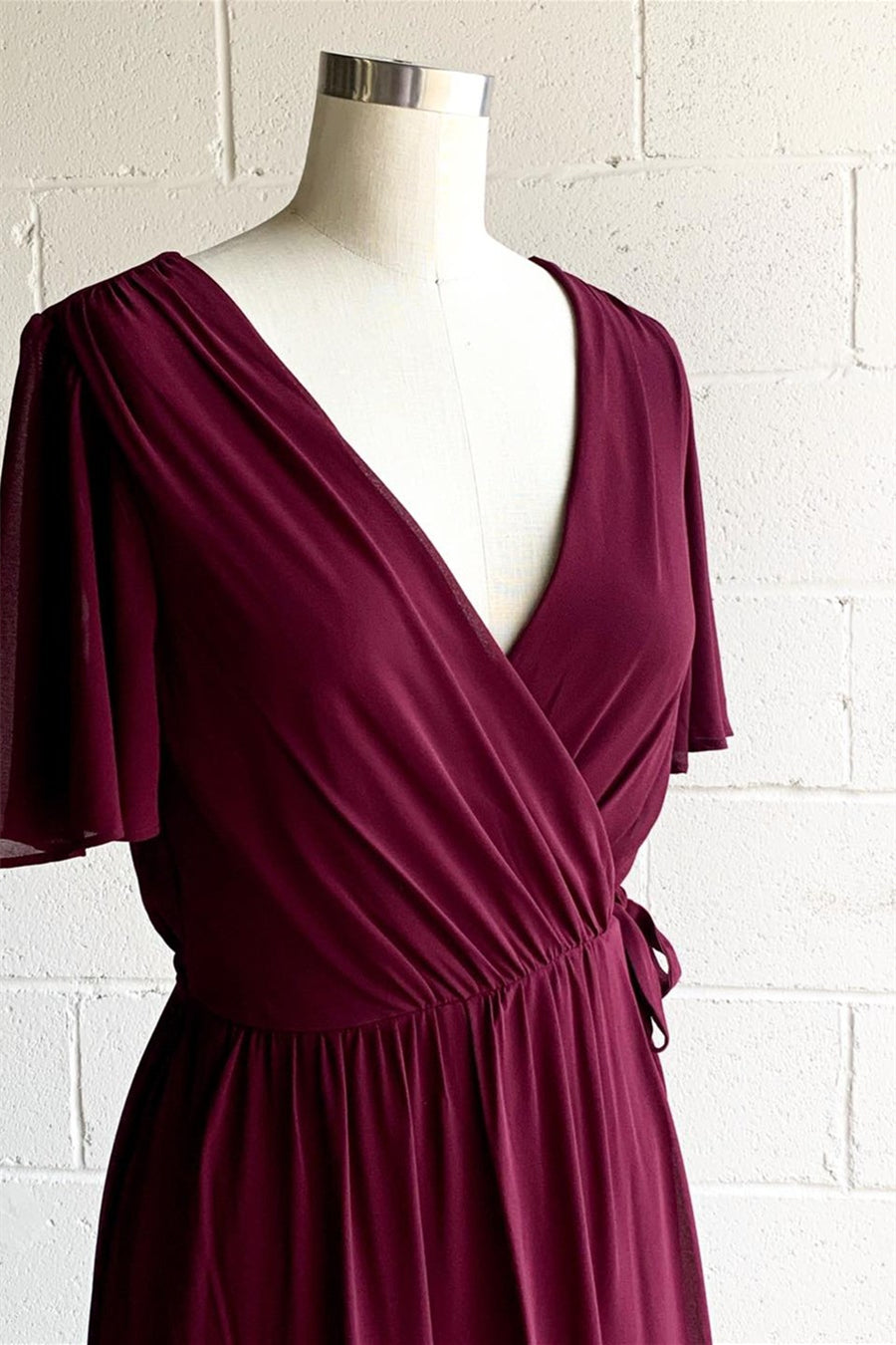 Mulberry Faux-Wrap V Neck Pleated Chiffon Hi-Low Bridesmaid Dress with Sleeves