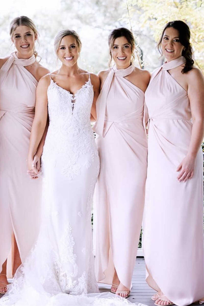 Pink Halter Backless Long Bridesmaid Dress