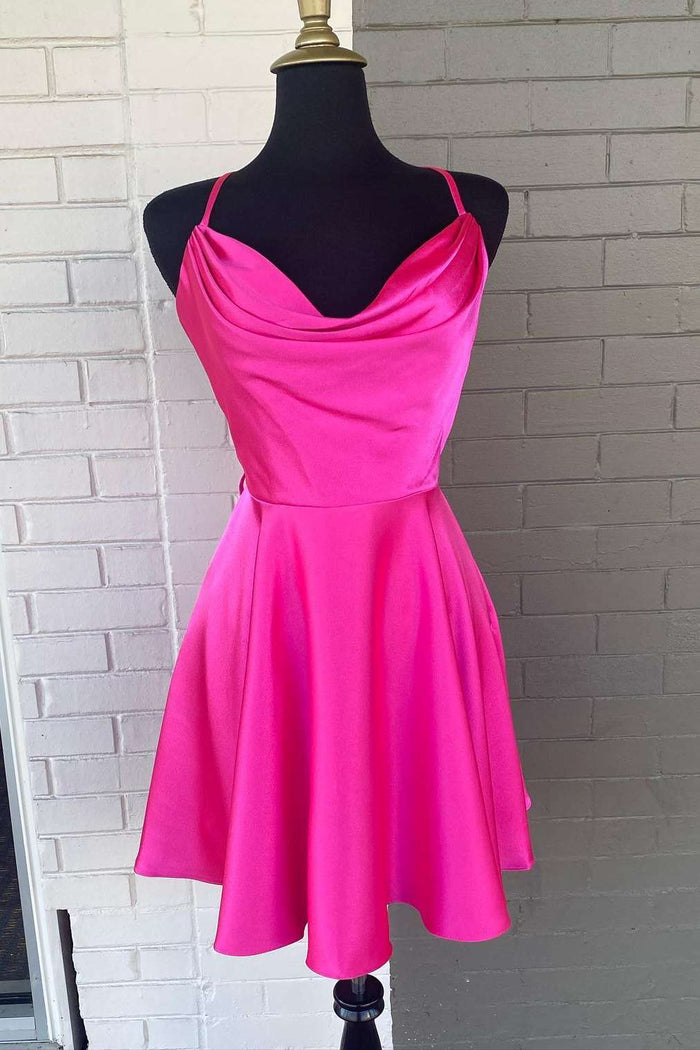 Neon Pink Cowl Neck A-Line Homecoming Dress