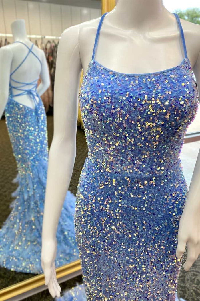 Periwinkle Sequin Lace-Up Mermaid Long Prom Dress with Feathers